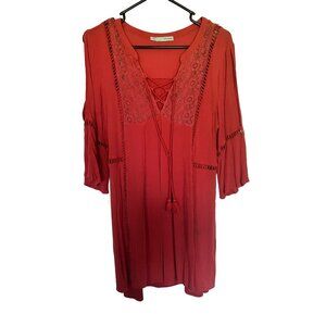 Maurices Dress Crochet and Lace Front Crinkle Babydoll Vneck Slit Sleeves Womans